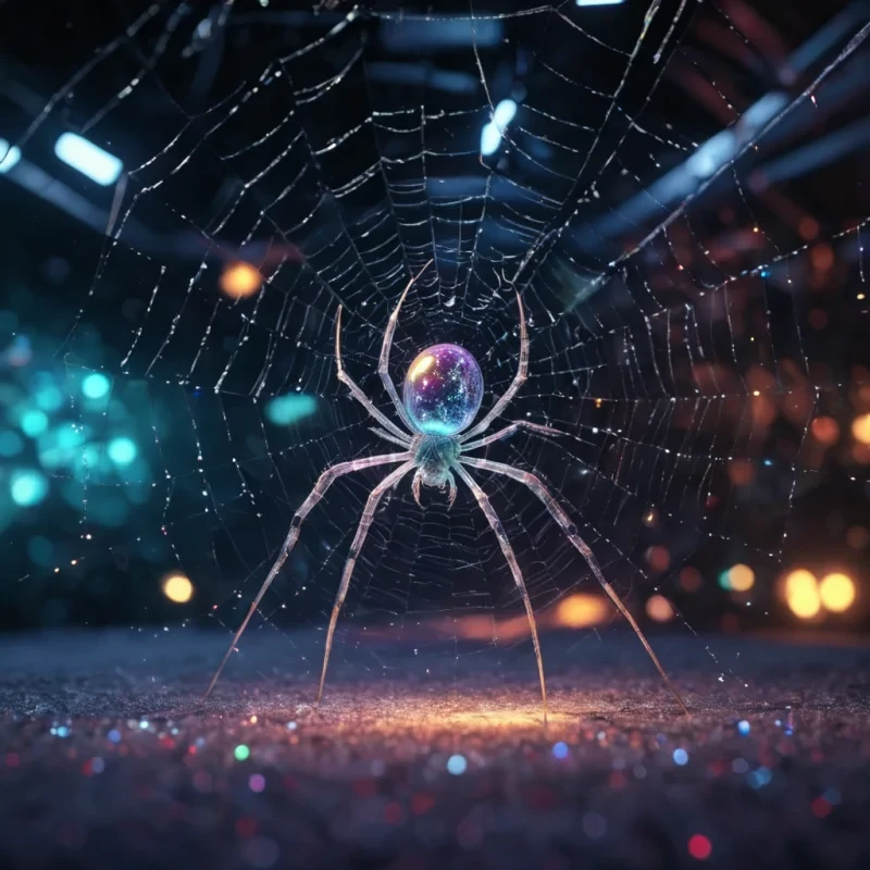 A giant, iridescent spider spinning a web of pure starlight in a zero gravity chamber, hyperrealistic, Ultra HD, cinematic lighting, volumetric lighting, atmospheric effects, bokeh effect, vibrant colors, detailed textures.