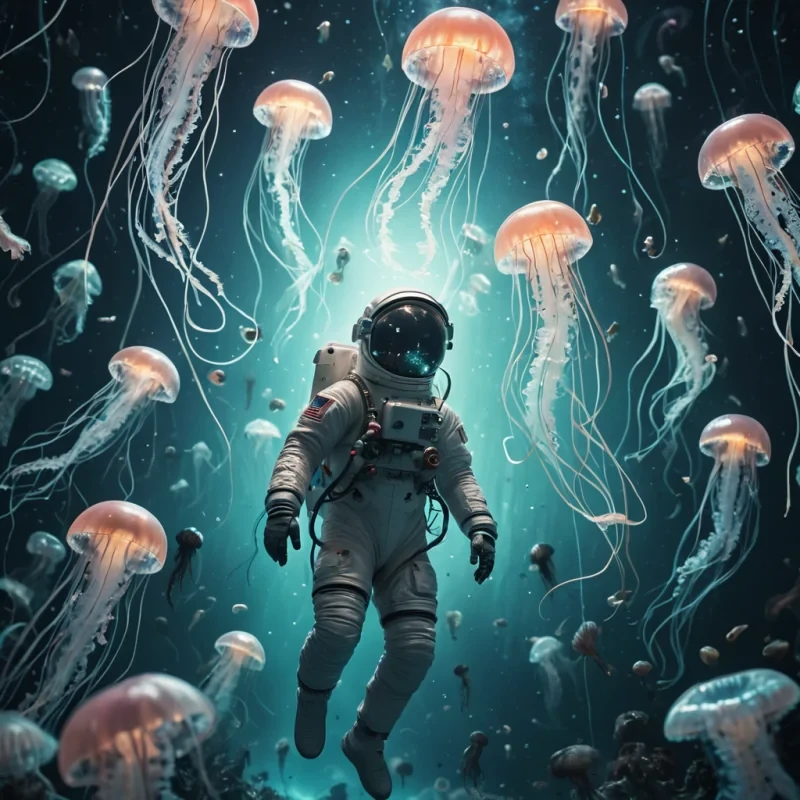 A lone astronaut floating in the void of space, surrounded by a swarm of bioluminescent jellyfishlike creatures, their tendrils glowing with ethereal light, hyperrealistic, ultra HD, cinematic lighting, volumetric lighting, atmospheric effects, dynamic lighting, bokeh effect, soft focus, lens flare, pastel tones, detailed textures.