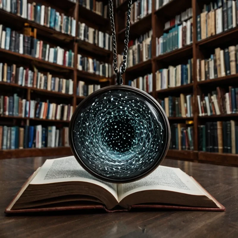 A single, selfsustaining locket made of woven obsidian and frozen starlight hangs suspended in the center of a vast, still library composed entirely of solidified breaths from a civilization that communicated through the scent of unopened books. The locket does not openit resonates, emitting a low, harmonic hum that distorts the surrounding air into slowmotion ripples shaped like the negative space between two pages that never turned, each wave glowing with the faint, pulsing afterimage of a story that was almost written. The library is not made of wood or stoneit is a layered expanse of compressed silence, each shelf etched with the emotional residue of a chapter never read, its surface shimmering with the afterimage of a