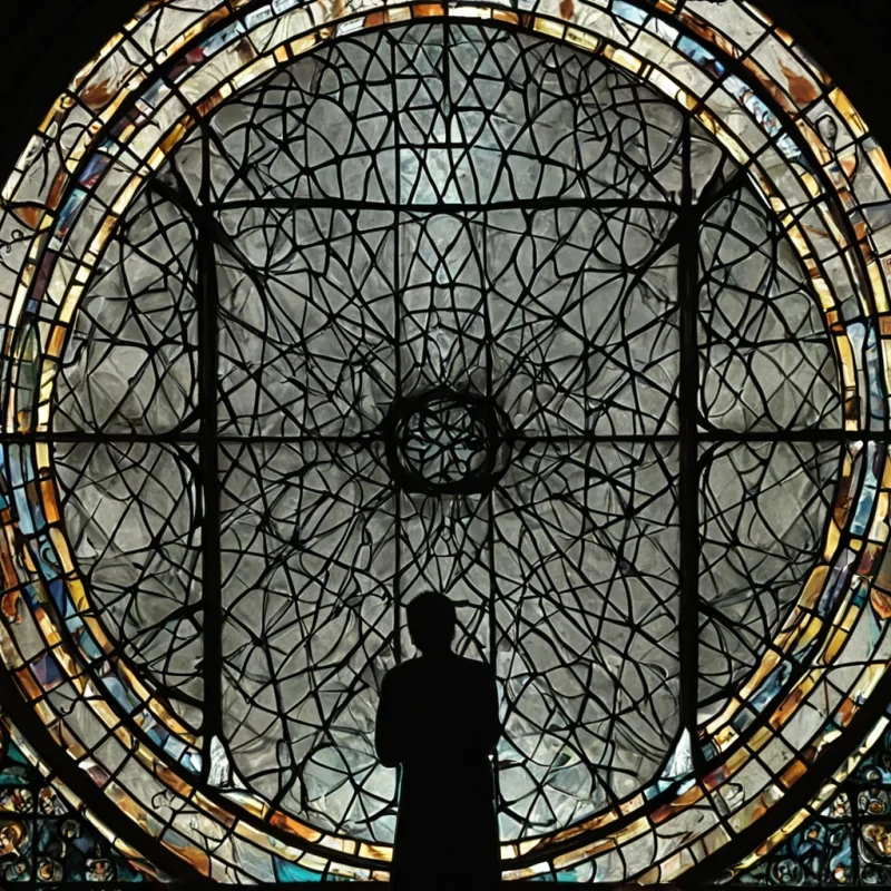 A single, selferoding filament of reversed silence, shaped like a 107dimensional lattice of unformed stillness and inverted quiet, drifts at the center of a vast, inverted cathedral of solidified soundeach stainedglass pane carved from the exact moment between a whisper forming and its refusal to be heard, a chime ringing and dissolving into nonacoustic dust, a breath held and collapsing into pure, unbreathed void. The filament does not quietit unquiets, each fraying strand shedding a layer of auditory potential that never coalesced into a shared hush, reforming into ephemeral, silverthreaded afterimages shaped like the negative space between two ears that never leaned in to listen.