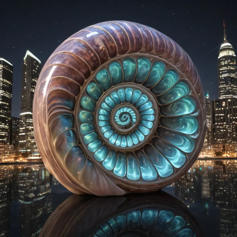 Photorealistic, colossal nautilus shell, its iridescent chambers expanding to reveal a labyrinth of hyperrealistic, bioluminescent, Art Decoinspired architecture, reflected in the ultra HD, mirrored surface of an infinite, starlit void. Volumetric lighting casts intricate, geometric shadows, while atmospheric effects create a mesmerizing, nebulalike haze. Dynamic lighting dances on the citys skyscrapers, casting a soft focus on the distant horizon, with lens flare accentuating the shells central, luminescent spiral.