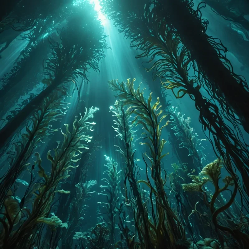 Photorealistic, colossal, opalescent, kelp forest, its hyperrealistic, 4K, serpentine fronds swaying in ultra HD, ultraviolent currents, revealing pulsating, neondrenched, cyberbioluminescent, underwater, vertical cities within. Volumetric lighting from unseen, bioluminescent, cybernetic organisms etches the forests ethereal, fractal fronds, casting intricate, dynamic, neonswathed shadows on the inverted, reflective abyss. Cinematic lighting bathes the scene in vibrant, otherworldly hues, with lens flare emphasizing the forests central, radiant, throbbing, opalescent heart, pulsating with captive,