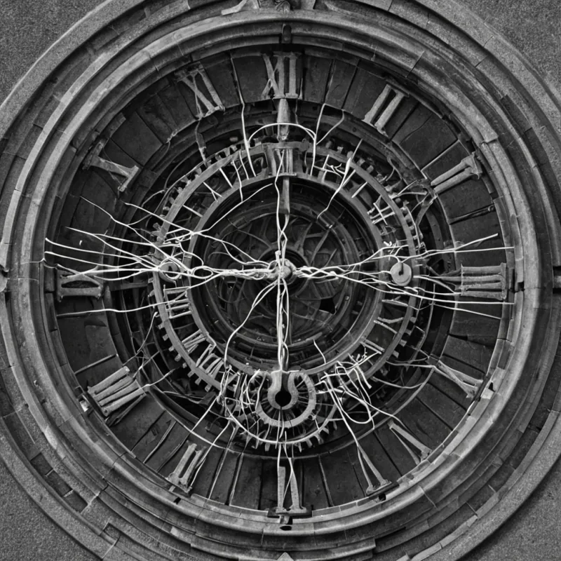 A single, selfunfolding tangle of liquid time, shaped like a 317dimensional knot of reversed chronology and inverted causality, flows through the center of a vast, inverted clocktower of solidified stasiseach gear frozen midturn in the exact moment between a second ticking and its refusal to pass, a pendulum swinging and its sudden suspension in pure stillness, a chime ringing and its silent unraveling into nonvibrant air. The tangle does not flowit unflows, each shimmering thread shedding a layer of temporal potential that never coalesced into a shared sequence, reforming into ephemeral, bismuththreaded afterimages shaped like the negative space between two hands that never touched