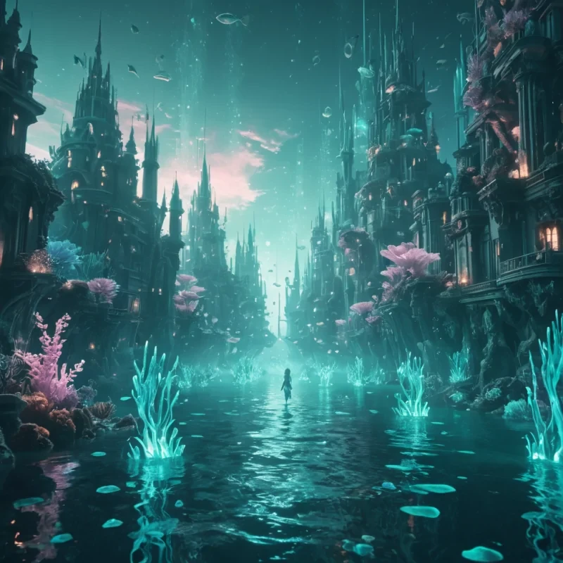 A vast, underwater city illuminated by bioluminescent flora, where humanoid merfolk navigate through crystalclear waters, hyperrealistic, 4K, cinematic lighting, volumetric lighting, atmospheric effects, dynamic lighting, soft focus, pastel tones, detailed textures.