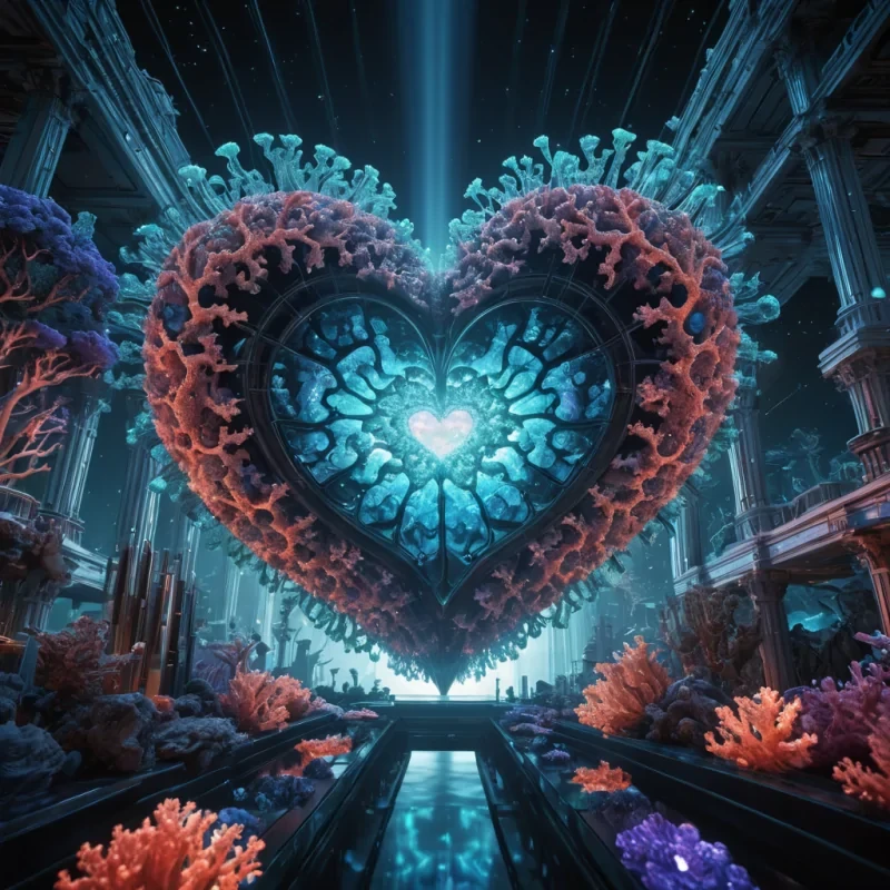 Photorealistic, titanic, prismatic, levitating, coral metropolis, its hyperrealistic, 4K, fractal, gemstone structures unfurling ultra HD, zero gravity, aeroponic ecosystems. Volumetric lighting from unseen, pulsating, bioluminescent hearts etches the citys ethereal, geometric architecture, casting intricate, dynamic, neon shadows on the inverted, reflective void. Cinematic lighting bathes the scene in vibrant, otherworldly hues, with lens flare emphasizing the citys central, radiant, throbbing, opalescent heart, pulsating with captive, alien, aerothermal energy.