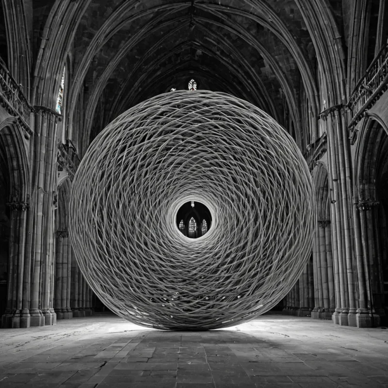 A single, selfilluminating knot of reversed silence, shaped like a 23,876dimensional tangle of unformed stillness and inverted acoustics, floats at the center of a vast, inverted cathedral of solidified resonance  each strand woven from the exact moment between a chime ringing in the air and its refusal to decay, a whisper echoing in a vault and dissolving into nonvibrational emptiness, a breath held in the throat and collapsing into pure, unmeasured nonsonic presence. The knot does not absorb sound  it unabsorbs it, each shimmering filament shedding a layer of auditory potential that never coalesced into perceptible wave, reforming into ephemeral,