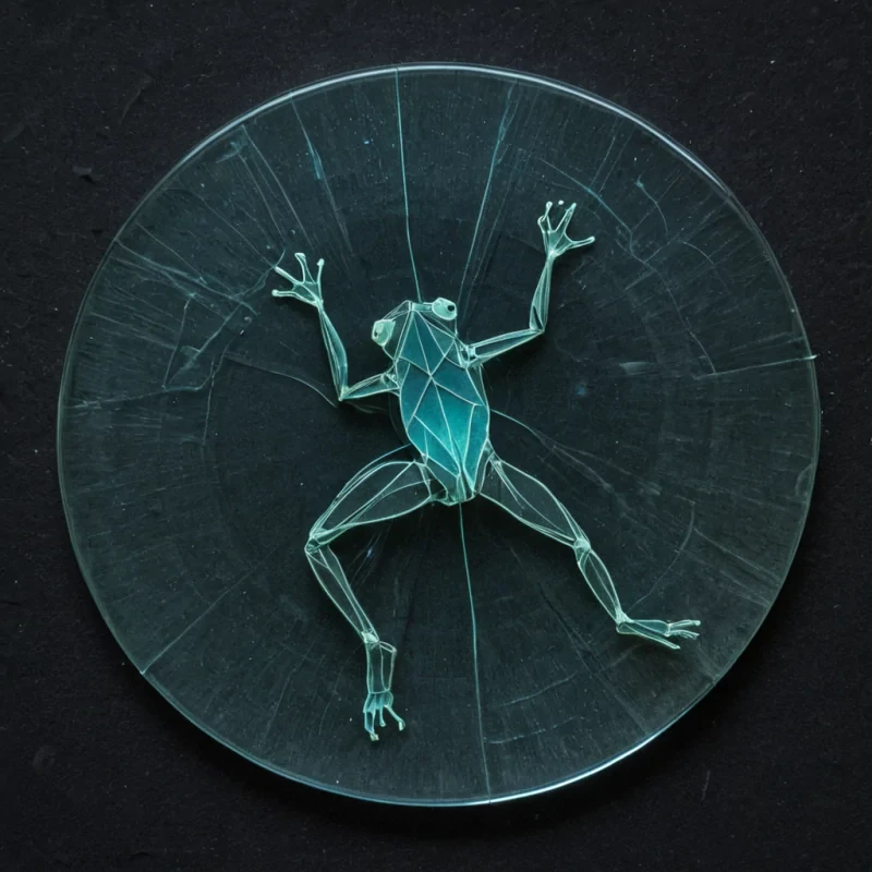 A single, obsidianblack origami frog made of folded silence and compressed starlight sits motionless atop a floating disc of solidified sound, its limbs not articulated but frozen midleap as if caught in the exact moment before a decision was made. The frogs surface is etched with a network of faint, bioluminescent cracks that pulse in time with the heartbeat of the observer, each fracture revealing a tiny, rotating microcosma different version of the same moment a handshake, a whispered confession, a missed trainall rendered in the language of unspoken emotions, visible only as shifting auroras of color that bloom and fade like breath on glass. The disc beneath it is not metal, but a thin, transparent layer of