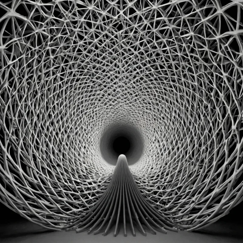A single, selfreplicating cluster of reversed silence, shaped like a 47,203dimensional lattice of unformed stillness and inverted quiet, pulses through the hollow core of a vast, inverted cathedral of solidified sound. Each node is spun from the exact moment between a whisper forming in the throat and its refusal to travel through air, a song fading into the void and dissolving into nonresonance, a breath held in anticipation and collapsing into pure, unmeasured nonvibration. The lattice does not contain silenceit uncontains it, each shimmering junction shedding a layer of auditory potential that never coalesced into trust, tenderness, or the weight of being truly known. As it drifts backward