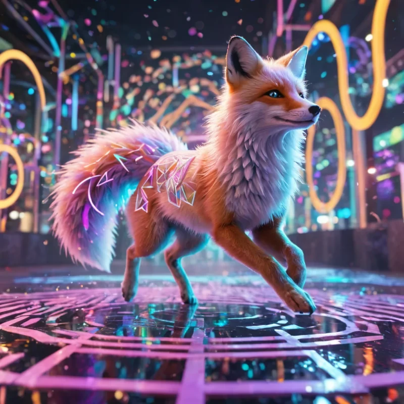 Hyperrealistic neon fox with iridescent fur, playfully leaping through a floating, geometric labyrinth of reflective, swirling pastel octagons, dynamic lighting with volumetric beams, soft focus on its graceful, luminescent body, vibrant colors, 4K resolution, lens flare dancing around its ethereal form in a surreal, futuristic urban playground.