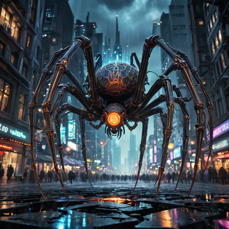 A colossal, ancient, mechanical spider, its metallic legs adorned with intricate, glowing runes, descends from a stormy, obsidian sky, its web of energy pulsating with vibrant, otherworldly hues. Below, a labyrinthine, neonlit cityscape sprawls, its towering, crystalline spires reflecting the spiders ethereal glow. Rendered in ultra HD, with dynamic lighting, atmospheric effects, and a subtle bokeh effect, evoking a sense of awe and wonder at the mechanical marvels descent into the alien metropolis.