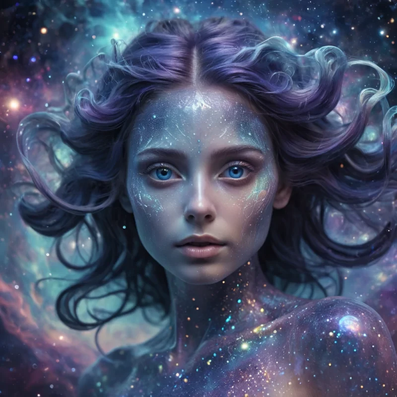 A hyperrealistic, 4K, ultra HD portrait of a mysterious, ethereal being with iridescent skin that shimmers like liquid opal. The beings eyes, a deep, hypnotic indigo, seem to swirl with cosmic nebulae. Their hair, a cascade of bioluminescent fractals, gently pulses with an otherworldly glow. The background is a surreal, nebulalike landscape of swirling, pastel hues, with distant galaxies and planets casting a soft, ethereal glow. Cinematic lighting accentuates the beings otherworldly features, while a subtle bokeh effect blurs the cosmic backdrop, creating a dreamlike atmosphere.