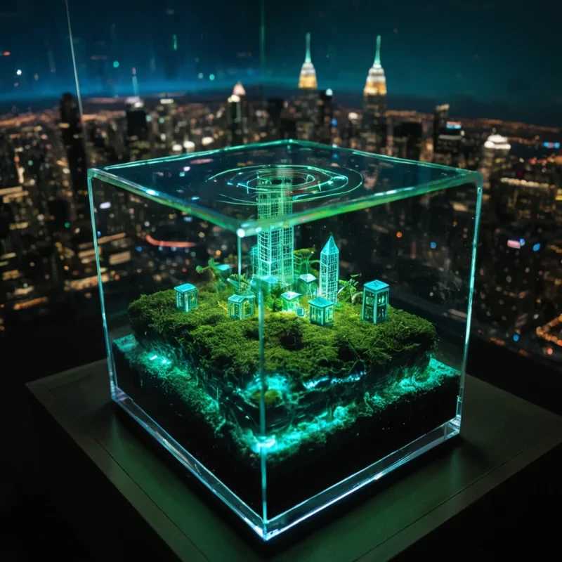 A photorealistic closeup of a translucent, gelatinous cube of aerogel suspended in a vacuumsealed terrarium, containing a miniature, floating city built entirely from woven fiberoptic cables and bioluminescent moss. The citys skyscrapers are spiraling towers of glowing green and azure light, with tiny, hovering vehicles resembling glass marbles leaving trails of chromatic aberration as they move between levels. The interior is illuminated by soft, internal bioluminescence that casts intricate, weblike shadows on the terrariums inner walls, which are etched with microscopic topographic maps of unknown planets. The camera angle is slightly tilted, creating a dynamic sense of depth, while the shallow depth of field blurs the
