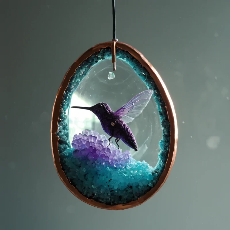 A hyperrealistic, lowangle macro shot of a suspended, hollowedout geode shell crafted from translucent, pale blue quartz, floating in a misty, sundrenched atrium with floortoceiling glass walls. The interior of the geode is not filled with crystals, but with a dense, miniature ecosystem of bioluminescent moss and tiny, glowing fungal caps in shades of electric violet and soft teal, which cling to the rugged inner walls. Suspended in the center of the geodes cavity is a delicate, mechanical hummingbird constructed from thin, polished copper wires and tiny, rotating fan blades made of iridescent beetle wings, captured in midhover with motion blur on its wings. Sunlight streams through the quartz