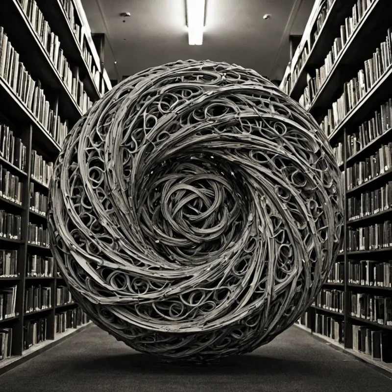 A single, selfrewriting glyph of solidified paradox, shaped like a nonEuclidean knot of inverted logic, pulses at the center of a vast, inverted library forged from the compressed, unrecorded thoughts of a civilization that communicated through the duration of synchronized, silent forgetting. The glyph does not inscribeit unthinks, each twist dissolving a layer of meaning that never coalesced into a shared narrative, reforming into ephemeral, obsidianveined afterimages shaped like the negative space between two minds that never misremembered the same truth in the same moment of mutual erasure. The library is not textualit is a layered expanse of petrified cognition, each shelf a frozen moment of cognitive dis