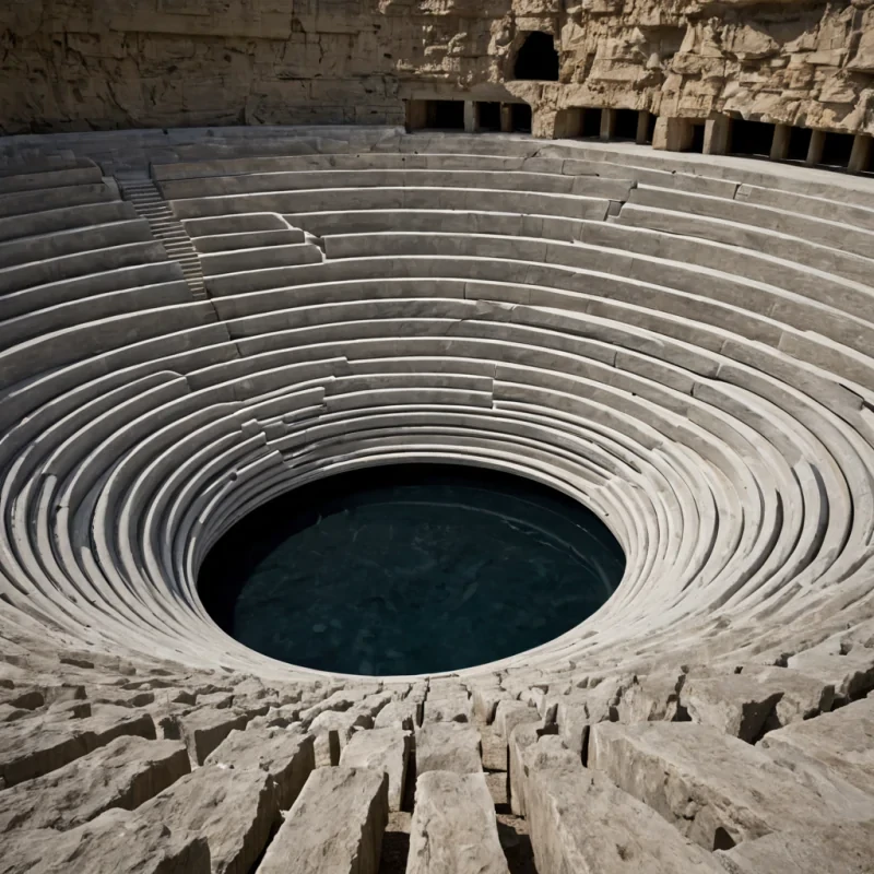 A wide, panoramic highfidelity render of a vast, openair amphitheater carved directly into the side of a massive, floating cliff of porous, creamcolored limestone suspended in a dense, violettinged atmosphere. The seating tier is not stone, but composed of thousands of interlocking, flexible, rubberlike pods in varying shades of matte charcoal and deep slate, molded into ergonomic, organic shapes that resemble clustered brain matter or folded silk. In the central performance pit, instead of a stage, there is a shallow pool of viscous, opaque white fluid that ripples slowly, emitting a faint, lowfrequency hum visible as subtle concentric rings of light on the surface. Above the amphitheater, hanging from an unseen ceiling by thick