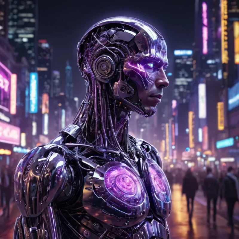 A hyperrealistic, 4K, ultra HD portrait of a cyborg musician, his chromeplated skin reflecting the pulsing lights of a neondrenched nightclub. The musicians eyes, a deep, rhythmic purple, hold the essence of a thousand unheard melodies. His hair, a cascade of shimmering, electric circuits, gently pulses with each beat of his mechanical heart. The background is a surreal, urban landscape of towering skyscrapers and holographic speakers, with the distant hum of a bustling metropolis and the soft glow of pulsing neon casting an electric ambiance. Cinematic lighting accentuates the musicians otherworldly beauty, while a subtle bokeh effect blurs the neonlit cityscape, creating an intimate, introspective