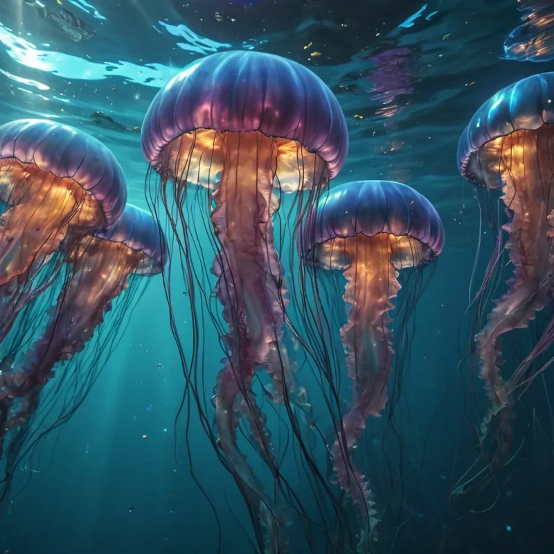 Photorealistic, colossal, iridescent, jellyfish swarm, its hyperrealistic, 4K, translucent, bellshaped forms revealing ultra HD glimpses of a pulsating, bioluminescent, underwater metropolis within. Volumetric lighting from unseen, luminescent, marine cores etches the swarms ethereal, fractal tentacles, casting intricate, dynamic, shimmering shadows on the inverted, reflective abyss. Cinematic lighting bathes the scene in vibrant, aquatic hues, with lens flare emphasizing the swarms central, radiant, throbbing, iridescent heart, pulsating with captive, marine, bioluminescent energy.