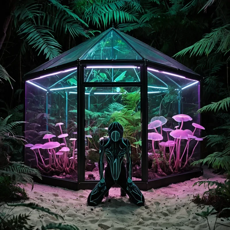 A horizontal, eyelevel medium shot of a suspended, hexagonal greenhouse constructed from transparent, flexible silicone panels and framed by slender, matteblack carbon fiber struts, floating amidst a dense canopy of giant, bioluminescent ferns with fronds of electric teal and magenta. The interior is bathed in a soft, diffused glow from embedded fiberoptic roots that run along the floor, illuminating a soil composed of fine, glowing white sand. In the center, a mycologist with smooth, olivetoned skin and wearing a protective, fullbody suit made of woven, translucent nylon mesh and reinforced with ambercolored resin patches kneels beside a cluster of rapidly growing, trumpetshaped fungi. The fungi caps are translucent, revealing