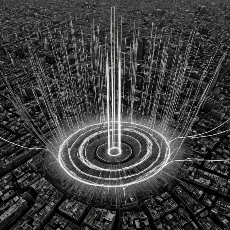 A single, selfoscillating filament of solidified static electricity, shaped like a fractalized tuning fork, pulses at the center of a vast, inverted cityscape suspended in the vacuum between two collapsing dimensions. The filament does not vibrateit untunes, each harmonic decay reversing the entropy of dissonance, reforming into shimmering, crystalline notes shaped like the negative space between two frequencies that never harmonized in the same acoustic field. The city is not built from stone or steelit is a layered expanse of petrified radio waves, each skyscraper etched with the electromagnetic residue of a broadcast that never reached its receiver, its surfaces flickering with the faint, phosphorescent afterimage of a signal