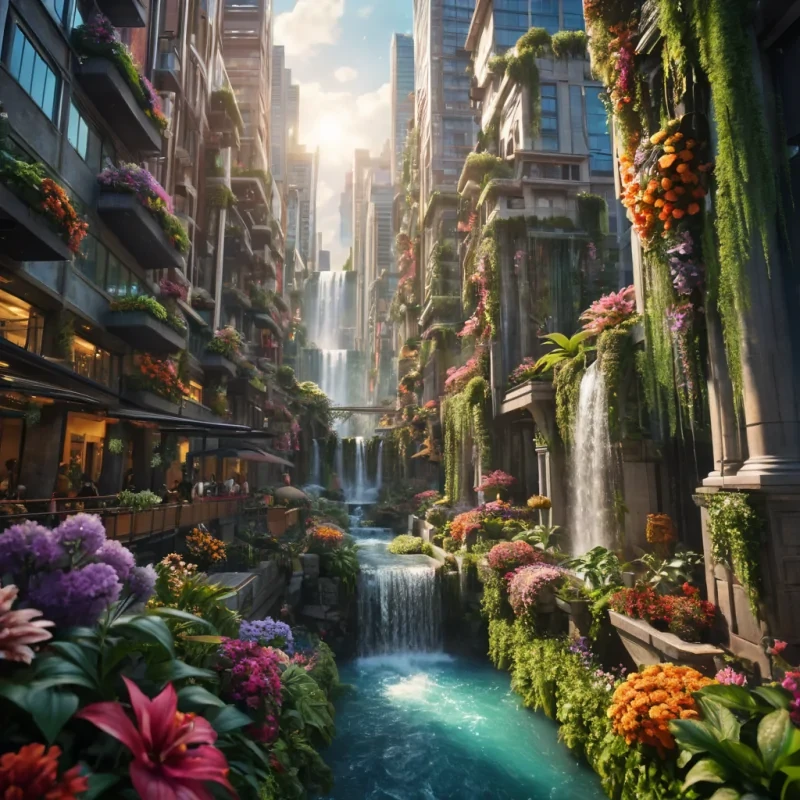 A bustling, vertical metropolis where buildings are interconnected by lush, hanging gardens of vibrant flowers and cascading waterfalls, hyperrealistic, ultra HD, cinematic lighting, volumetric lighting, atmospheric effects, dynamic lighting, bokeh effect, soft focus, lens flare, vibrant colors, detailed textures.