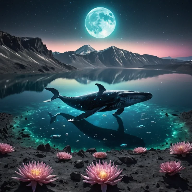 Lunar Lullaby A hyperrealistic, Ultra HD, bioluminescent whale breaches the surface of a vast, cinematic, lunar crater lake, casting intricate, dynamic shadows across the desolate, neonlit moonscape. The whales detailed, textured skin shimmers under the harsh, volumetric lighting of a distant, blooming supernova, creating a soft, ethereal bokeh effect that dances with the landscapes lens flare. As it dives back into the lake, it reveals a hidden, underwater city, teeming with alien, bioluminescent lifeforms, creating a vibrant, pastel spectrum of light that illuminates the lunar surface.