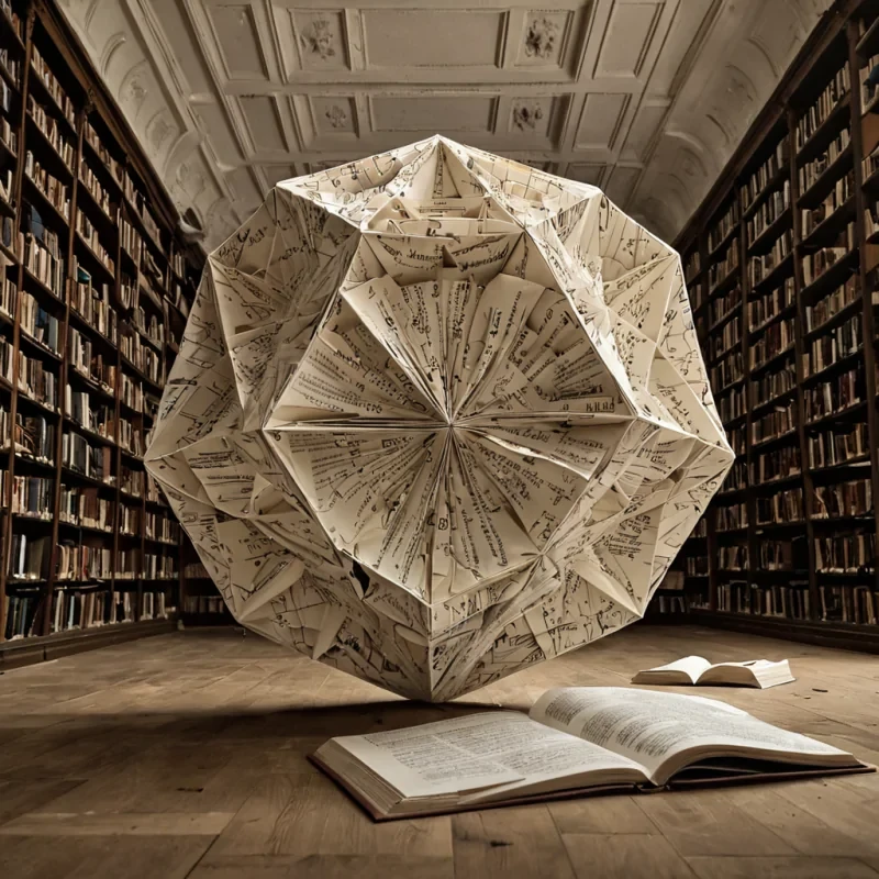 A single, selfunfolding origami of reversed geometry, shaped like a 17sided polyhedron made of solidified silence and unformed light, hovers at the center of a vast, inverted library of forgotten equations written in the language of unspoken breaths. The origami does not unfoldit unwrites, each crease dissolving a layer of mathematical possibility that never coalesced into a shared theorem, reforming into ephemeral, quartzthreaded afterimages shaped like the negative space between two minds that never aligned in the same moment of mutual understanding. The library is not academicit is a stratified expanse of petrified intuition, each book a fossilized hypothesis, each shelf a frozen moment of collective doubt