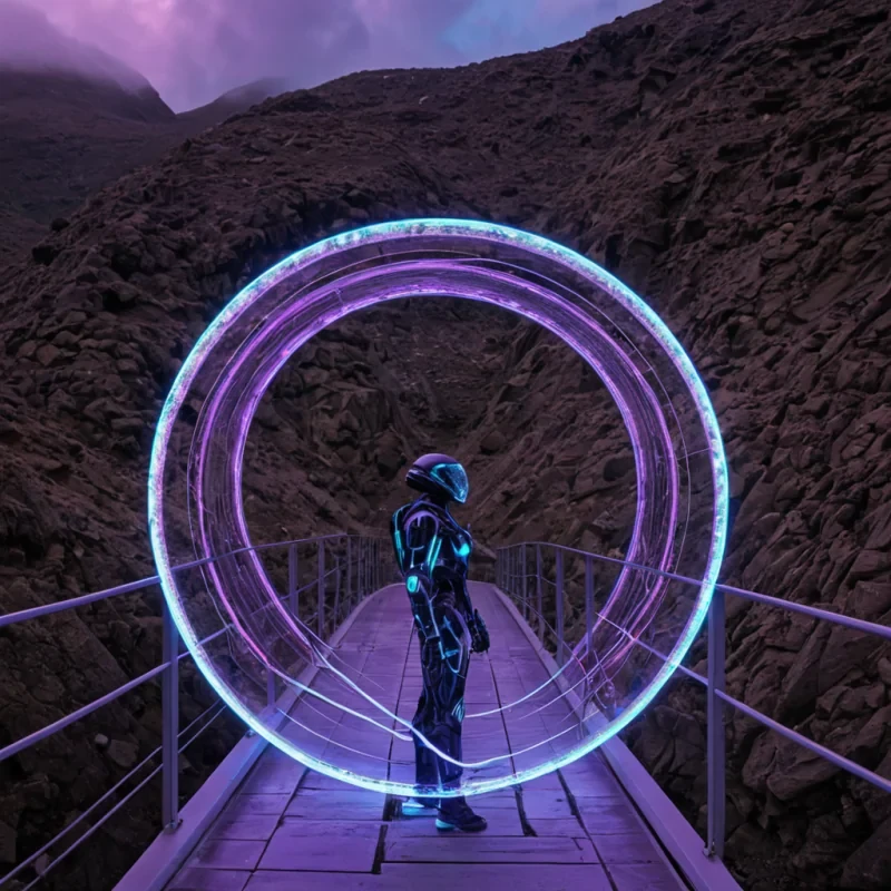 A horizontal, highangle wide shot of a colossal, suspended bridge constructed entirely from interwoven strands of iridescent, liquid fiberoptic cable in shifting hues of neon magenta, electric blue, and soft lavender. The bridge arcs gracefully over a deep, cloudfilled valley, where massive, geometric islands of floating obsidian rock drift slowly beneath. In the center foreground, a figure wearing a sleek, aerodynamic exosuit made of translucent, white ceramic plates with glowing cyan circuitry stands balanced on a narrow, transparent walkway. They are holding a large, circular device resembling a magnifying glass, but the lens is a swirling vortex of captured starlight that projects a miniature, rotating galaxy onto the walkway surface. The lighting is