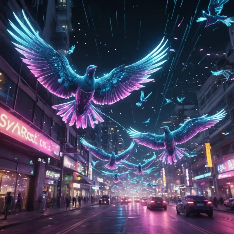 A neonlit, cybernetic flock of birds migrates through a neon cityscape at night, their mechanical wings leaving trails of stardust, hyperrealistic, 4K, cinematic lighting, volumetric lighting, atmospheric effects, dynamic lighting, bokeh effect, soft focus, lens flare, neon blues, electric pinks, and glowing whites, detailed textures.