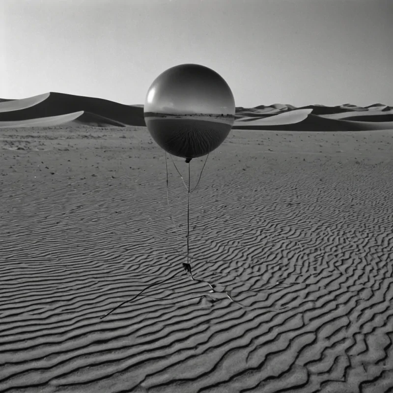 A panoramic, eyelevel shot of a vast, arid desert landscape where the sand dunes are not made of grain, but of compressed, staticfilled television screens frozen in a single frame of a blackandwhite news broadcast from the 1980s. The dunes ripple with the texture of analog noise, the pixels visible up close as tiny, staticfilled squares. In the center of the frame, a solitary, massive, spherical balloon made of translucent, stretched rubber hovers low above the static ground, its surface reflecting the distorted, pixelated landscape below. The balloon is tethered by a single, thin, taut wire made of braided steel cable, which extends vertically out of the top of the frame,