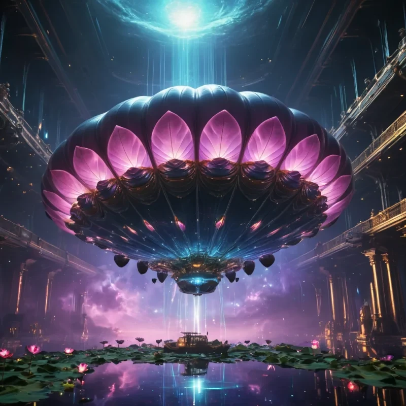 Photorealistic, levitating, nebulainfused, lotus blossom airship, its hyperrealistic, 4K, iridescent petals unfurling ultra HD, bioluminescent, zerogravity ecosystems. Volumetric lighting from unseen, pulsating, extraterrestrial hearts etches the airships ethereal, geometric architecture, casting intricate, dynamic, neon shadows on the inverted, reflective void. Cinematic lighting bathes the scene in vibrant, extraterrestrial hues, with lens flare emphasizing the airships central, radiant, throbbing, nebulaheart, pulsating with captive, alien energy.