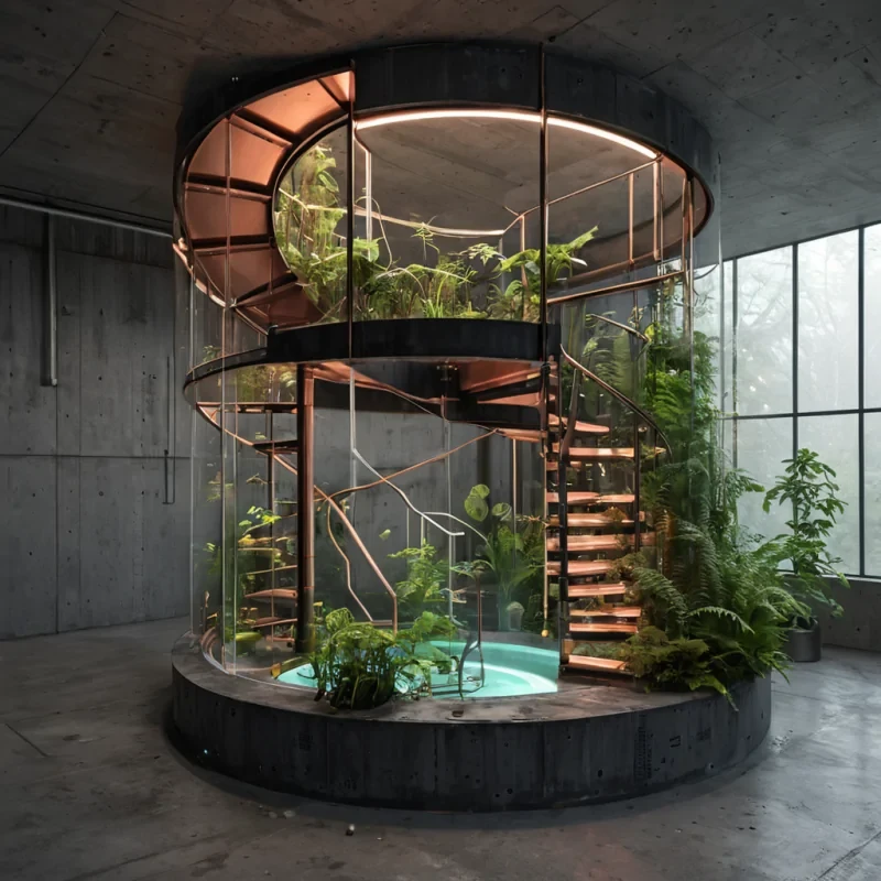 A hyperrealistic, isometric cutaway view of a compact, selfsustaining urban module constructed from translucent, amberhued resin and matte charcoal composite materials. The interior features a spiral staircase made of suspended, glowing copper rings that connect three distinct vertical levels, each serving a different function a hydroponic garden with floating ferns, a workshop with robotic arms weaving metallic threads, and a meditation nook with a sunken bath filled with bioluminescent water. The exterior shell is dotted with hexagonal ventilation ports that emit soft, warm light, while the surrounding environment is a vast, misty expanse of gray concrete pillars. The lighting is soft and diffused, highlighting the intricate textures of the resin and the sleek,