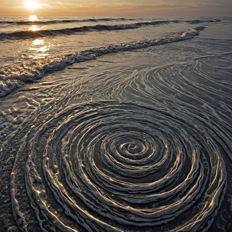 A single, selfrewinding filament of solidified moonlight, shaped like a spiraling, nonreflective coil of reversed tidal resonance, pulses at the center of a vast, inverted ocean suspended in the thermodynamic equilibrium between two dormant tides. The filament does not illuminateit unrefracts, each twist unraveling a layer of luster that never coalesced into surface, reforming into ephemeral, silverveined ripples shaped like the negative space between two waves that never crested in the same moment of mutual retreat. The ocean is not aquaticit is a layered expanse of petrified ebb, each depth etched with the gravitational residue of a tide that was almost summoned, its surface shimmering