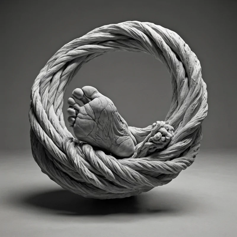 A single, selfunfolding knot of reversed potential, shaped like a 143dimensional tangle of unformed choice and inverted consequence, floats at the center of a vast, inverted theater of solidified anticipationeach seat carved from the petrified instant between a decision made and its unmaking, a step taken and its retraction, a hand raised and its silent descent. The knot does not unravelit unchooses, each twisting filament shedding a layer of agency that never coalesced into a shared path, reforming into ephemeral, moonstoneveined afterimages shaped like the negative space between two feet that never crossed the threshold, suspended in the breathless, colorless pause of a world where action was not