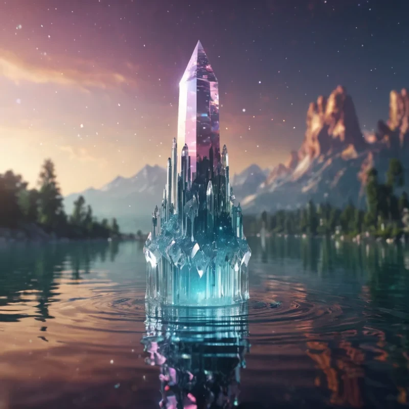 A glowing, crystalline tower rising from a lake of liquid mercury, with levitating, spectral figures descending its faceted surface, hyperrealistic, 4K, cinematic lighting, volumetric lighting, atmospheric effects, dynamic lighting, bokeh effect, soft focus, lens flare, vibrant colors, detailed textures.