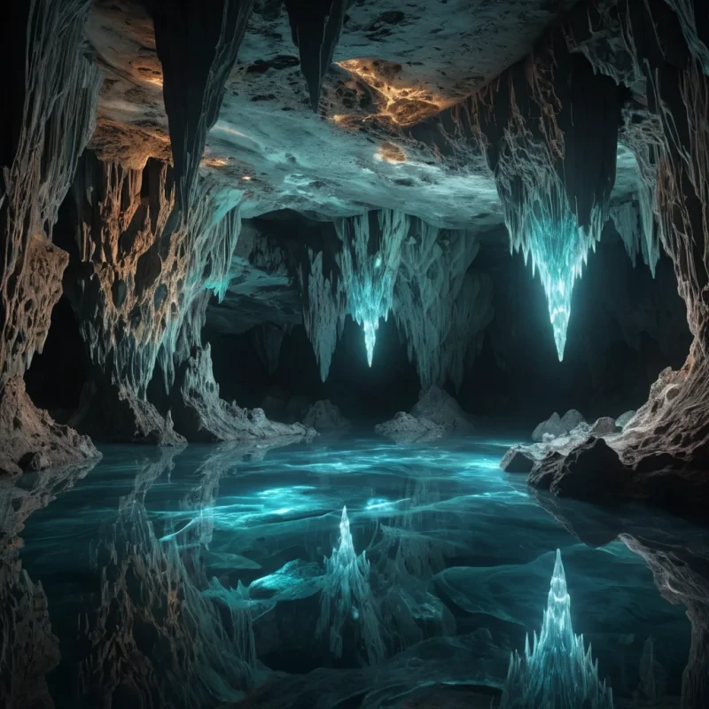 A hyperrealistic, 4K, ultra HD depiction of a surreal, bioluminescent cave system deep beneath the earths surface. The caves walls are etched with intricate, fractal patterns that shimmer in vibrant, prismatic hues. Volumetric lighting from distant, pulsating, subterranean sources casts a mesmerizing glow on the ethereal, floating crystals that drift above the crystalline pools. Photorealistic, fractal, zerogravity water formations dance in a surreal ballet, their gentle movements casting ethereal ripples across the luminescent underground lake. In the heart of the cave system, a towering, crystalline formation resembling an ancient, mythological being stands watch, its facets reflecting the otherworldly