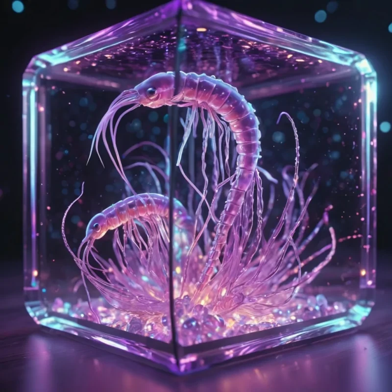 Hyperrealistic neon krill with reflective metallic exoskeletons swirling in a cubic amethyst chamber filled with luminescent plasma, holographic filaments dancing in volumetric lighting, dynamic reflections, bokeh effect, pastel tones, 4K