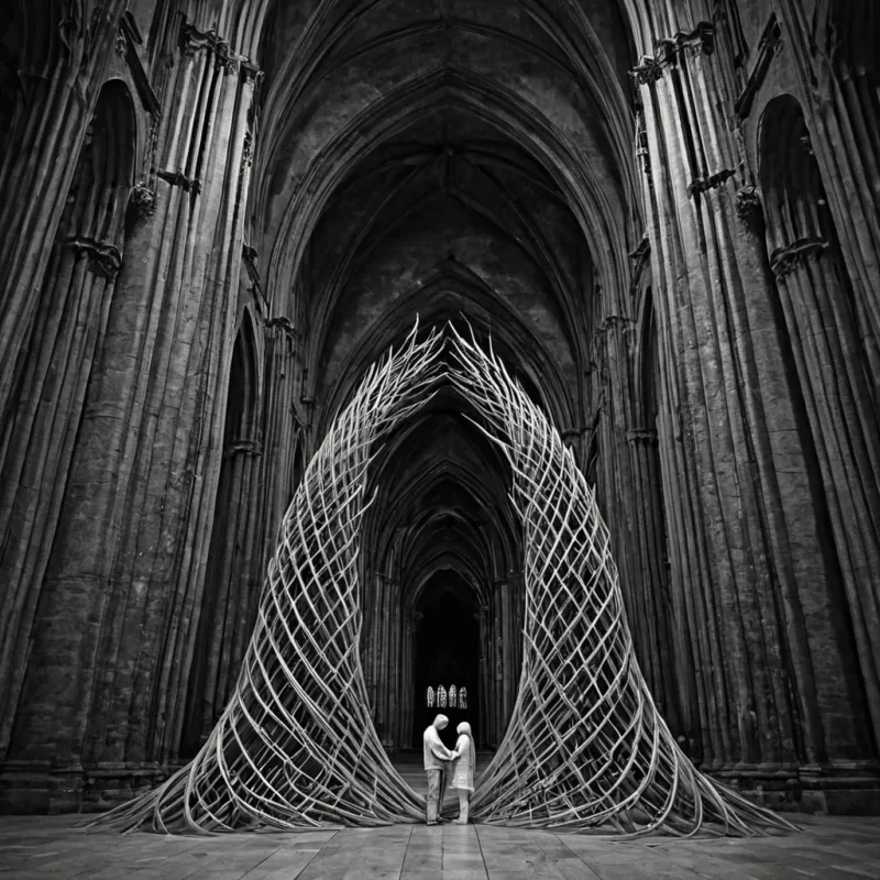 A single, selffragmenting filament of compressed twilight, shaped like a threedimensional lattice of inverted dreams and unformed breath, drifts through the center of a vast, inverted cathedral built from the solidified echoes of a civilization that communicated through the duration of synchronized, silent whispering of the same unspoken lullaby. The filament does not vibrateit unwhispers, each pulse dissolving a layer of melodic potential that never coalesced into a shared lullaby, reforming into ephemeral, moonstoneveined afterimages shaped like the negative space between two palms that never cradled the same infant in the same moment of mutual tenderness. The cathedral is not sacredit is a stratified expanse of