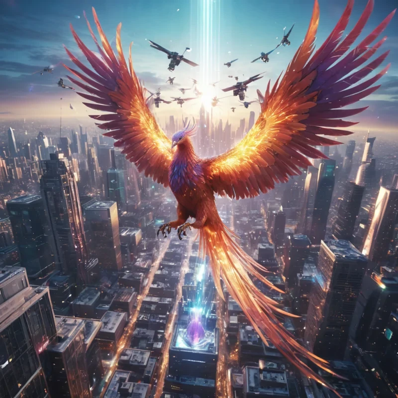 A levitating, crystalline phoenix soars above a bustling, cybernetic cityscape, its feathers shimmering with iridescent hues, as drones gather to document its majestic flight, hyperrealistic, 4K, cinematic lighting, volumetric lighting, atmospheric effects, dynamic lighting, lens flare, vibrant colors, detailed textures.