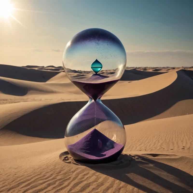 A photorealistic, lowangle wide shot of a futuristic desert landscape where the dunes are composed entirely of fine, iridescent silica sand that shifts color from deep violet to bright teal depending on the angle of the midday sun. In the foreground stands a massive, solitary structure resembling a giant, inverted hourglass made of frosted, translucent alabaster, its narrow neck sealed by a rotating ring of polished obsidian. Inside the upper bulb of the hourglass, a swirling storm of magnetic sand particles dances in perfect geometric patterns, illuminated from within by a soft, internal amber glow. The lower bulb is empty and smooth, reflecting the harsh, blinding white sky and the sharp shadows of the surrounding dunes. Sparse, low