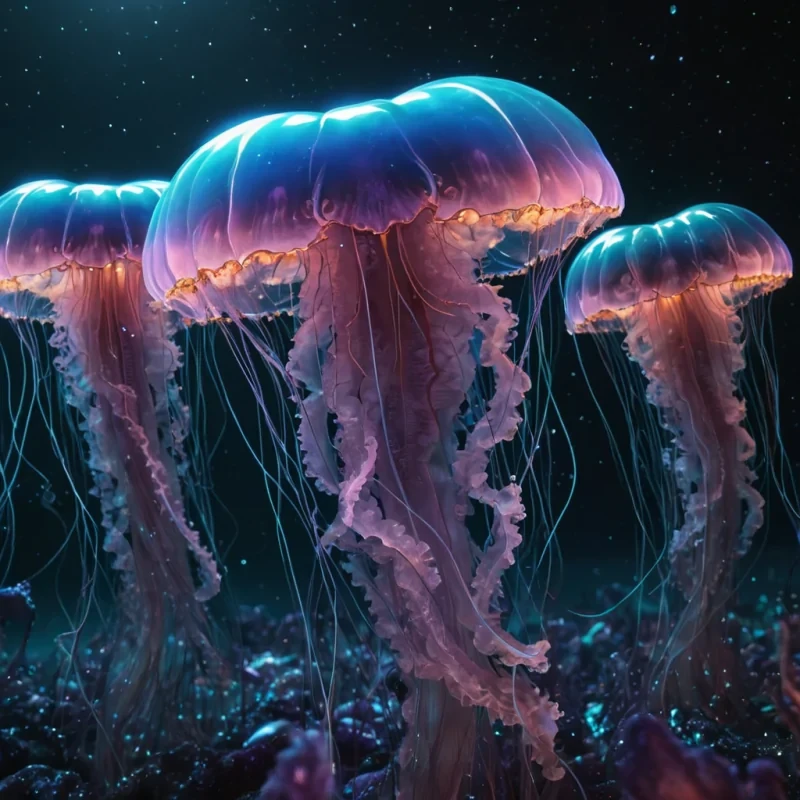 Photorealistic, colossal, undulating, opalescent, jellyfish swarm, its translucent, hyperrealistic, 4K tentacles pulsating in ultra HD, casting intricate, dynamic shadows on the mirrored, geometric surface of an infinite, nebulakissed void. Volumetric lighting accentuates the swarms ethereal, bioluminescent form, while atmospheric effects create a mesmerizing, otherworldly haze. Cinematic lighting bathes the scene in vibrant, shifting colors, with lens flare emphasizing the swarms central, radiant, pulsating, crystalencrusted heart.