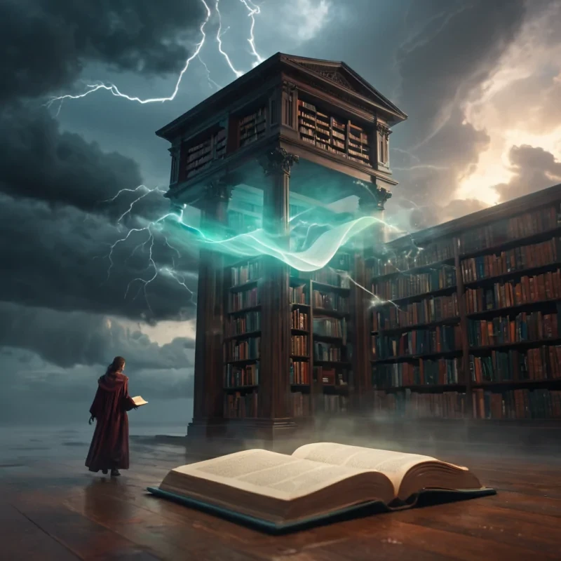A lone, levitating library drifts through a stormy sky, its pages illuminated by internal, ethereal glow, as a spectral librarian floats nearby, summoning a gust of wind to turn the pages, hyperrealistic, 4K, cinematic lighting, volumetric lighting, atmospheric effects, soft focus, lens flare, vibrant colors, detailed textures.