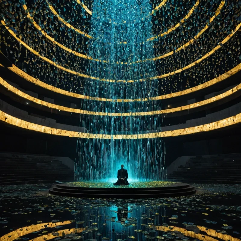 A lowangle, wideshot of a colossal, inverted waterfall made of cascading, liquid gold coins that shatter into individual, glowing pixels upon hitting a floor of deep, obsidian glass. The scene is set within a vast, Brutalist amphitheater constructed from raw, unpolished concrete blocks, where the architecture is being slowly consumed by vibrant, overgrown vines of bioluminescent blue algae. In the center, a solitary figure sits on a floating, geometric throne made of interlocking magnetic rings, wearing a suit of armor crafted from translucent, iridescent beetle shells that reflect the pixelated gold rain. The air is filled with swirling mist that catches the light, creating volumetric beams that pierce through the darkness, while