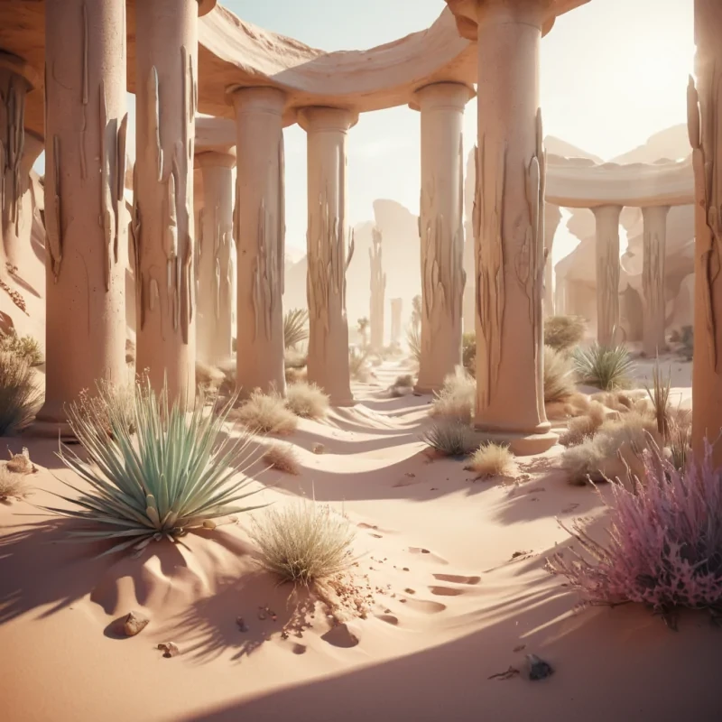 A desert oasis where glasslike pillars emerge from the sand, each housing a different ecosystem, hyperrealistic, ultra HD, cinematic lighting, volumetric lighting, atmospheric effects, dynamic lighting, soft focus, lens flare, pastel tones, detailed textures.