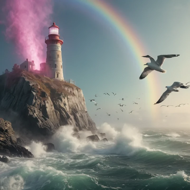 A lone, ancient lighthouse standing tall on a rocky cliff, its beam cutting through a swirling vortex of colorful, luminescent fog, while mechanical seagulls circle above, hyperrealistic, 4K, cinematic lighting, volumetric lighting, atmospheric effects, lens flare, pastel tones, detailed textures.