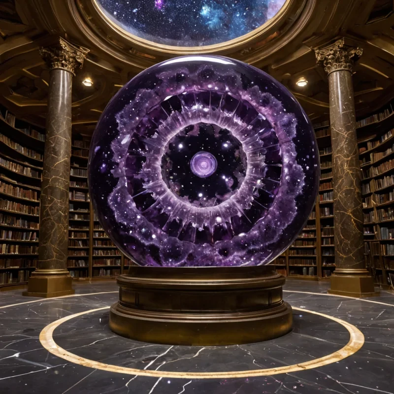 A cinematic, mediumwide shot of a sprawling, subterranean library carved into the interior of a colossal, hollowedout geode, where the walls are composed of massive, faceted crystals in deep amethyst and rose quartz hues, refracting a single, powerful beam of pale, coolwhite light from a circular aperture far above. The floor is a smooth, polished slab of dark basalt, scattered with thousands of tiny, perfectly spherical beads of liquid glass, each containing a swirling, microscopic galaxy of starlight. In the center, a massive, ancient astrolabe made of polished brass and obsidian rests on a pedestal, its intricate rings slowly rotating in perfect, silent synchronization. Hanging from the crystal ceiling are hundreds of delicate, translucent