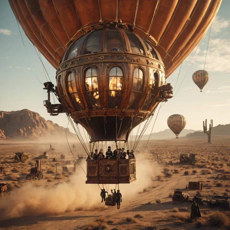 A levitating, Victorianera hot air balloon traversing a postapocalyptic desert, with intricate, rusted machinery and passengers dressed in steampunk attire, hyperrealistic, 8K, cinematic lighting, volumetric lighting, atmospheric effects, dynamic lighting, bokeh effect, soft focus, lens flare, warm golds and rusted oranges, detailed textures.