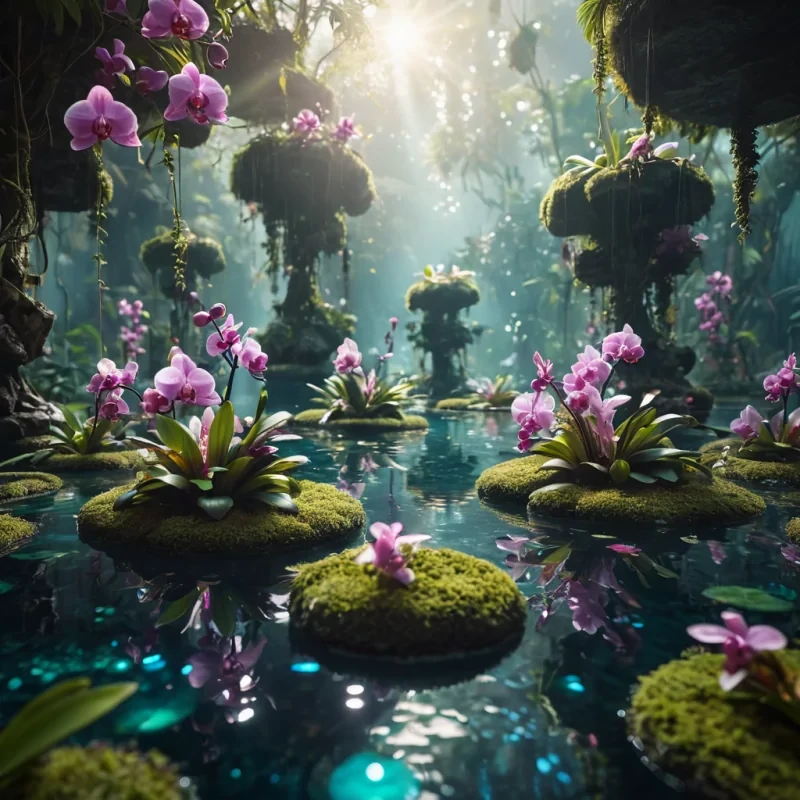 A lush, otherworldly garden where floating, iridescent orchids bloom around levitating islands, hyperrealistic, 8K, cinematic lighting, volumetric lighting, atmospheric effects, dynamic lighting, bokeh effect, soft focus, lens flare, vibrant colors, detailed textures.