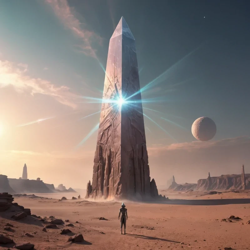 In the heart of a vast, hyperrealistic alien desert, a colossal, ancient crystal obelisk stands, its intricate, textured surface reflecting the dynamic, cinematic dance of twin moons. Volumetric lighting casts dramatic shadows, while atmospheric dust devils swirl in the soft, pastel glow. A lone, levitating, robotic sentinel, its metallic form detailed and lifelike, gazes at the obelisk with a glowing, enigmatic expression, as lens flare from a distant, pulsating star accentuates its enigmatic, otherworldly gaze.