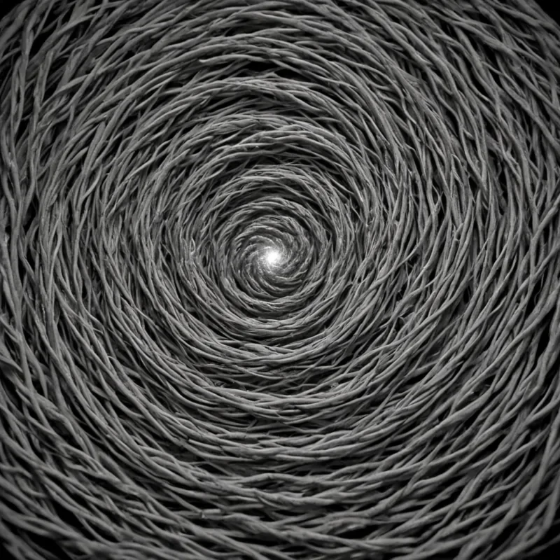 A single, selfilluminating tangle of woven shadows and solidified breath forms a floating, asymmetrical knot at the center of a vast, still chamber carved from the interior of a dormant neutron star. The knot does not moveit resonates, vibrating at the frequency of a language never spoken, its strands not thread but coiled fragments of unrecorded dreams, each one etched with the faint, ghostly script of a question that was never asked. The chamber walls are not stonethey are layers of compressed silence, arranged in a spiral that spirals inward toward the knot like a wound that never healed, each layer glowing faintly with the afterimage of a breath held too long. Between the strands of the knot