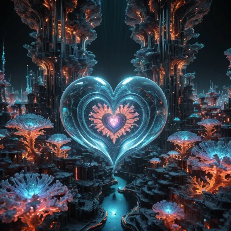 Hyperrealistic, colossal, levitating, fractal, opalescent, coral metropolis, its 4K, ultra HD, gemstone structures unfurling zero gravity, aerodynamic ecosystems. Volumetric lighting from unseen, pulsating, bioluminescent hearts etches the citys ethereal, geometric architecture, casting intricate, dynamic, neon shadows on the inverted, reflective void. Cinematic lighting bathes the scene in vibrant, otherworldly hues, with lens flare emphasizing the citys central, radiant, throbbing, opalescent heart, pulsating with captive, alien, aerothermal energy. Photorealistic, fractal, gemstone structures unfurl ultra HD, zero gravity, aerodynamic ecosystems